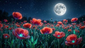 滿月下夜晚帶有星星和暗色樹木的發光紅色罌粟花田。