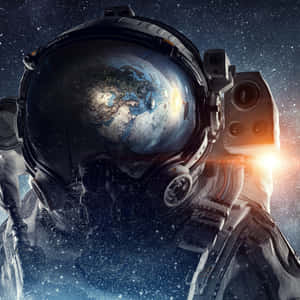 穿著太空衣的太空人透過頭盔面罩看到地球，背景是繁星點點和太陽耀斑。 — 太空 壁紙