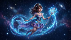 仙女女王在太空中漂浮，手持魔法杖和發光軌跡。 — 星蝶公主 壁紙