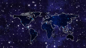 帶有發光世界地圖輪廓和網格線的星空夜空。