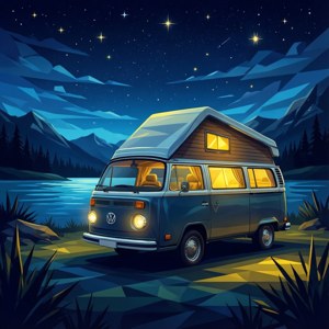 復古露營車停泊在湖邊，星空下，有山脈