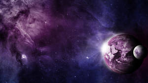 星空宇宙星雲中的紫色行星與衛星