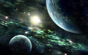 鮮豔的綠色星雲在深空中圍繞行星和一顆明亮的太陽旋轉。 — 銀河 壁紙