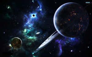 一個帶有發光噴發的環狀行星漂浮在星雲和遙遠恆星附近。