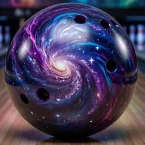 光滑保齡球帶有星系漩渦設計，置於木製球道上。 — 保齡球 壁紙