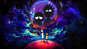 Rick同Morty企喺紅色星球上，望住色彩繽紛星雲中嘅巨大外星人剪影。