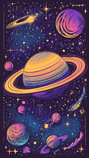 充滿活力的宇宙插圖，在黑暗太空中呈現色彩繽紛的行星、環和星星，帶有霓虹色調。