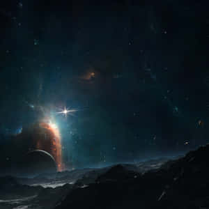 星空下的黑暗山脈，帶有發光的星雲和遙遠的行星。 — 太空 壁紙