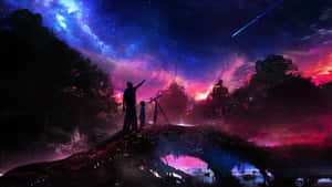 夜晚喺森林橋上，父親同孩子透過望遠鏡睇流星。 — 太空 壁紙