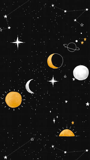 手繪天體，包括行星、月亮和星星，在宇宙場景中。