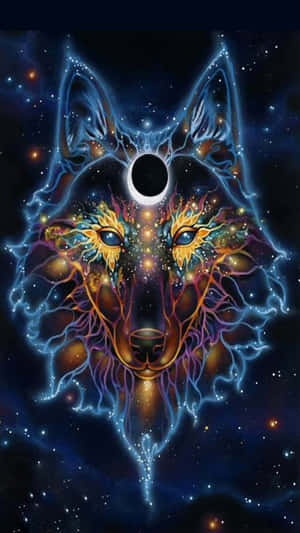 一隻神秘的狼，擁有宇宙般的眼睛和閃電脈絡，背景是星空和日食。 — 銀河狼 壁紙