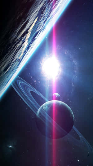 一顆發光的太陽在帶環行星和衛星後方照耀，處於深空之中。 — 太空 壁紙