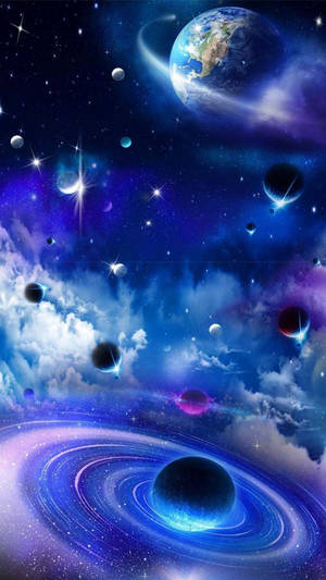 地球和行星漂浮在繁星點點的宇宙天空中，伴隨著旋轉的星雲和雲層。