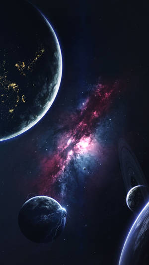 行星和色彩繽紛的星雲在深空中漂浮，周圍是閃爍的星星。