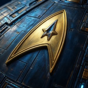 藍色太空船面板上的星際艦隊徽章，帶有發光細節