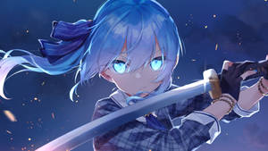 藍髮動漫少女穿著校服，在夜晚揮舞發光的劍。