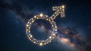 在星空夜空中由星星組成的男性占星符號。