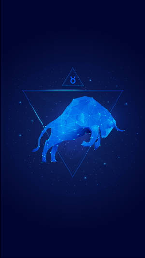 在星空背景上，三角形內的藍色幾何金牛座。