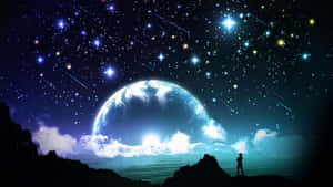 懸崖上一個人的剪影，在星空中觀看一顆發光的星球。 — 星星 壁紙
