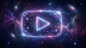 YouTube播放按鈕在色彩繽紛的星空宇宙中與星系一起發光。 — YouTube 壁紙
