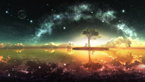 一棵孤獨的樹和一把椅子在浮島上，星空倒映在宇宙海洋中。 — 太空美學 GIF 壁紙