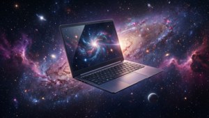 銀色手提電腦漂浮在彩色太空星雲中，屏幕上有星系