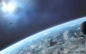 從太空看到的地球，有陽光照耀的雲層和黑暗的太空背景。