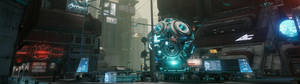 發光藍色機械人在下雨的霓虹 cyberpunk 街道夜晚
