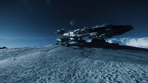 未來太空船在星空下登陸一個白雪覆蓋的外星世界。