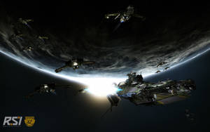 行星上空的太空戰役中的未來戰艦和戰鬥機。