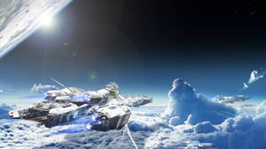 未來戰艦在雲層上方飛行，天空中有一顆發光的行星。