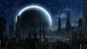 未來主義的城市天際線夜景，在巨大的發光行星和星星下。