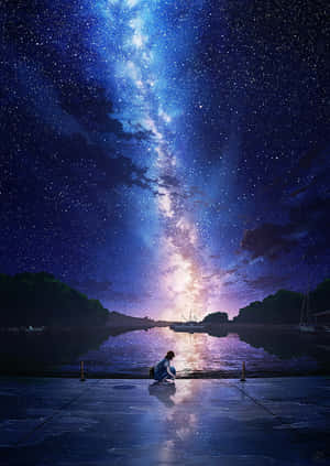 人在碼頭上跪著，星空下銀河倒映在水中 — 可愛動漫女仔 壁紙
