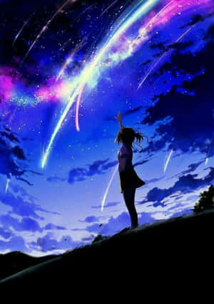 動漫女孩在夜晚伸手，色彩繽紛的流星劃過星空。 — 天空 壁紙