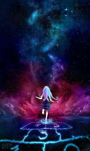 藍髮女孩站在發光的符文上，下方是色彩繽紛的宇宙天空。 — 螢光黃 壁紙