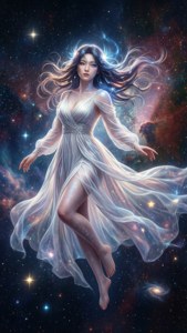 一位穿著白色長袍的女性在太空中的恆星和星系之間漂浮。