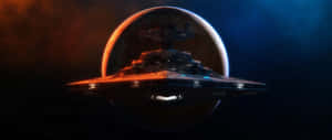 一艘星際毀滅者在深空中環繞一顆發光的橙色行星。 — 電影 壁紙