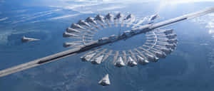 未來風格的太空站，星際戰鬥機繞著藍色行星運行。