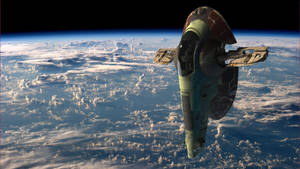復古太空船在地球雲層上空飛行