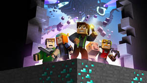 四個Minecraft角色在石架上手持工具，上方有發光的船隻。 — 我的世界 壁紙