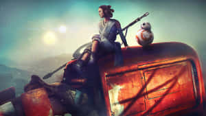 Rey 和 BB-8 在雙太陽天空下的紅色飛車上