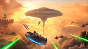 星際戰機在佈滿雲層和漂浮太空站的天空中發射綠色激光。