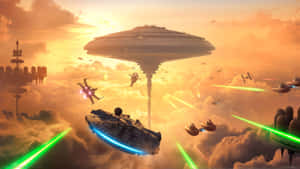 星際戰機在金色雲層中的漂浮站上空進行太空戰鬥時發射綠色激光。 — 星際大戰 壁紙