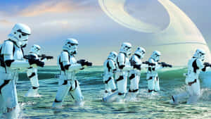 風暴兵涉水穿過海浪走向太空船。