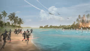 士兵們在海灘上戰鬥，星際戰鬥機在頭頂飛翔，叢林火災燃燒。