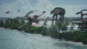 星際大戰 x-wing 戰機在熱帶海灘上空戰鬥，at-at 步行機前進。