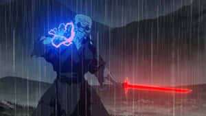 動漫戰士手持發光劍站在夜雨中。