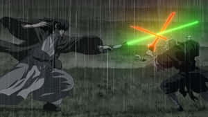 兩個動漫角色在雨中的田野上用發光的光劍戰鬥。