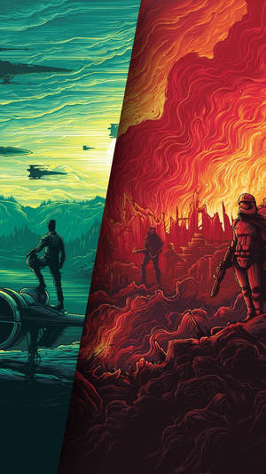 兩個對比的外星世界，一個平靜的綠色帶有星際戰鬥機，另一個熾熱的紅色帶有風暴兵 — 星球大戰 iPhone 壁紙