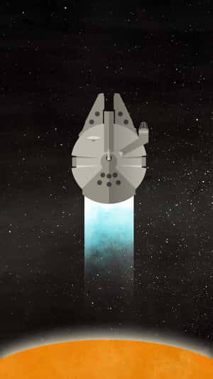 藍色引擎的太空船在橙色行星上方的星空中飛行。